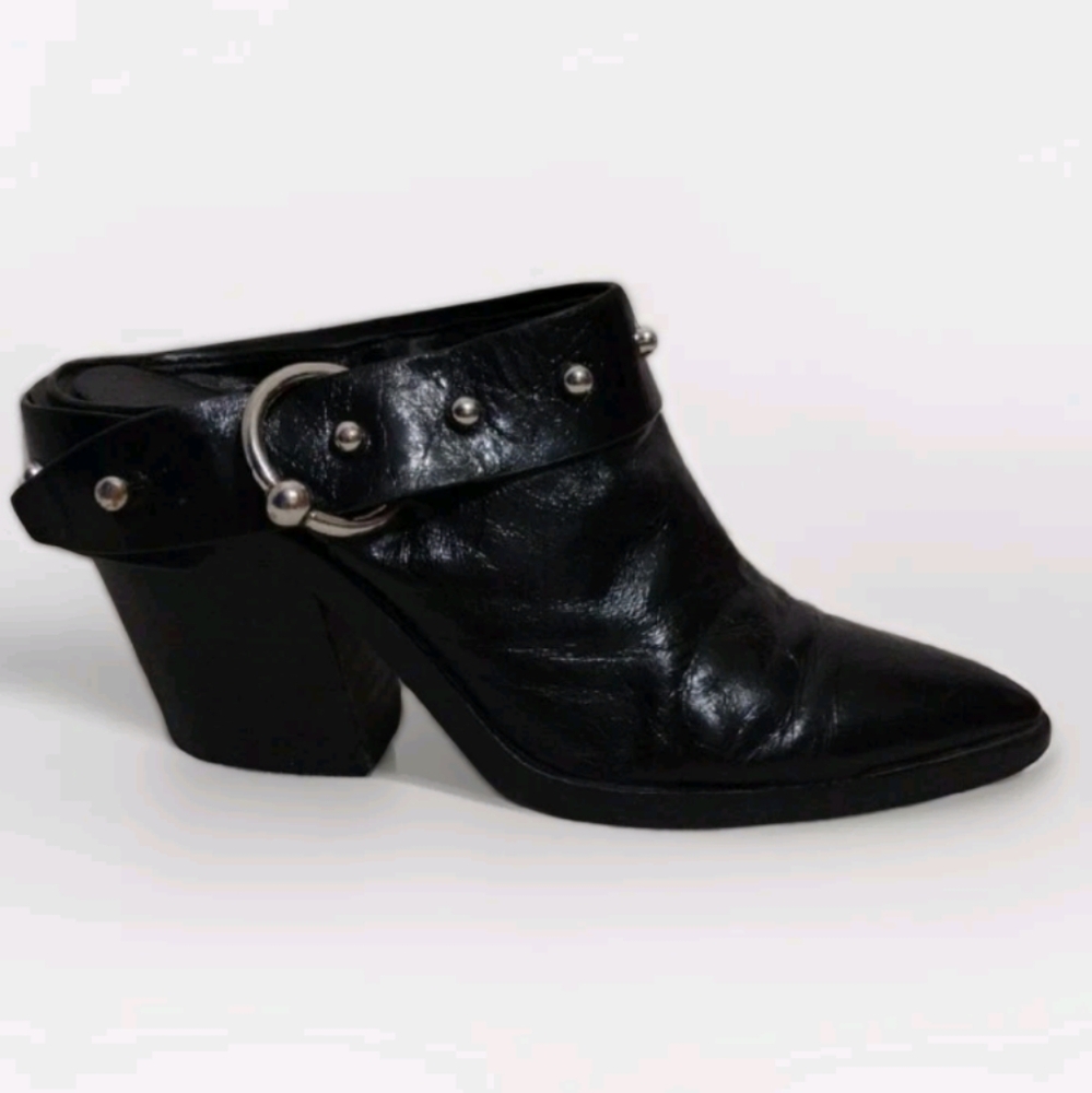 Rebecca Minkoff Leather Heeled Mules US 7.5 Chic Trendy Statement Pointed Toe